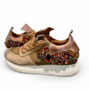Italian Embellished Esseutesse Brown Leather Sneakers with Multicolor Accents